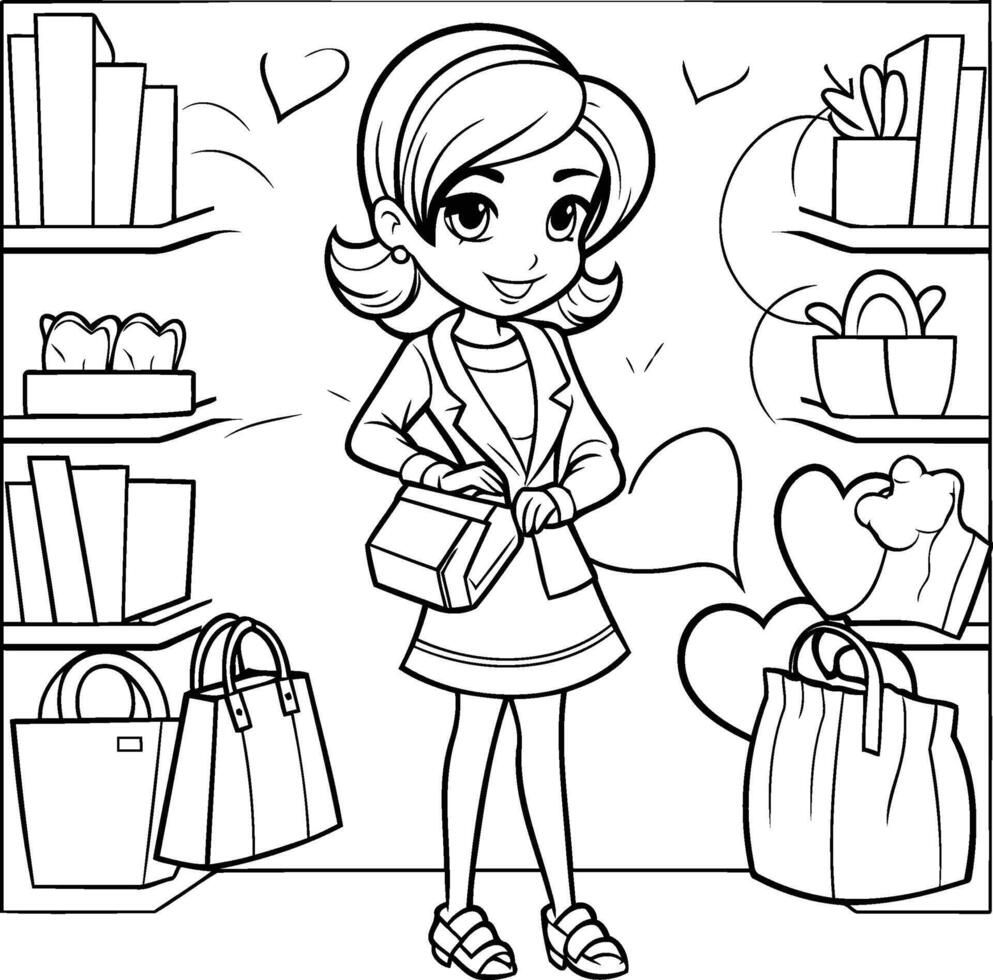 Färbung Buch zum Kinder Mädchen mit Einkaufen Taschen im das Geschäft vektor