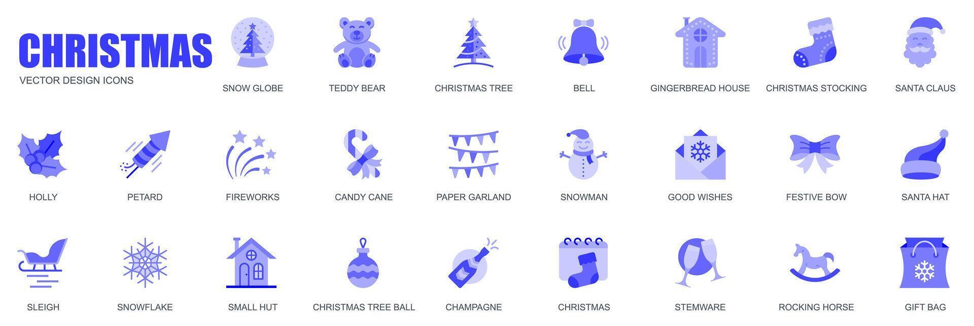 jul begrepp av webb ikoner uppsättning i enkel platt design. packa av snö klot, träd, pepparkaka hus, strumpa, santa claus, järnek, fyrverkeri, krans och Övrig. blå piktogram för mobil app vektor