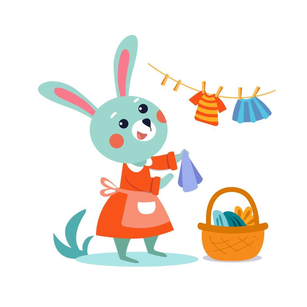 söt stiliserade platt kanin kanin mamma hängande bebis kläder. tecknad serie isolerat rolig för design. illustration. vektor