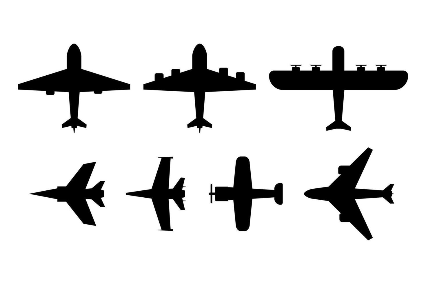 ein Sammlung von Flugzeug Formen. Silhouette Symbole von kommerziell Flugzeuge, Passagier Flugzeuge, Jet Flugzeuge, Ladung Flugzeuge, Kämpfer Flugzeuge. schwarz und Weiß Flugzeug Zeichen vektor