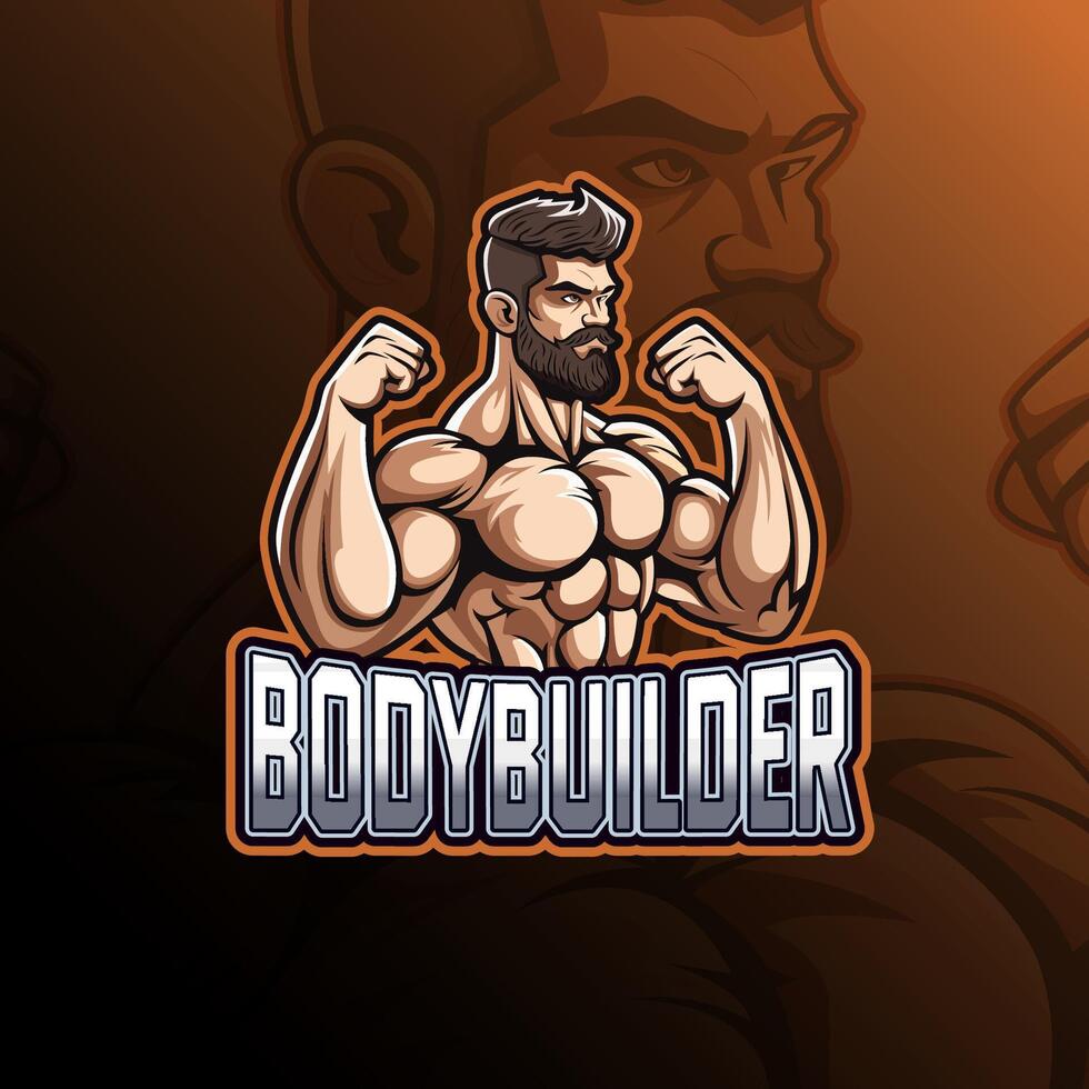 Bodybuilder Maskottchen Logo Design zum Abzeichen, Vorderseite doppelt Bizeps Pose, Emblem, Esport und T-Shirt Drucken vektor