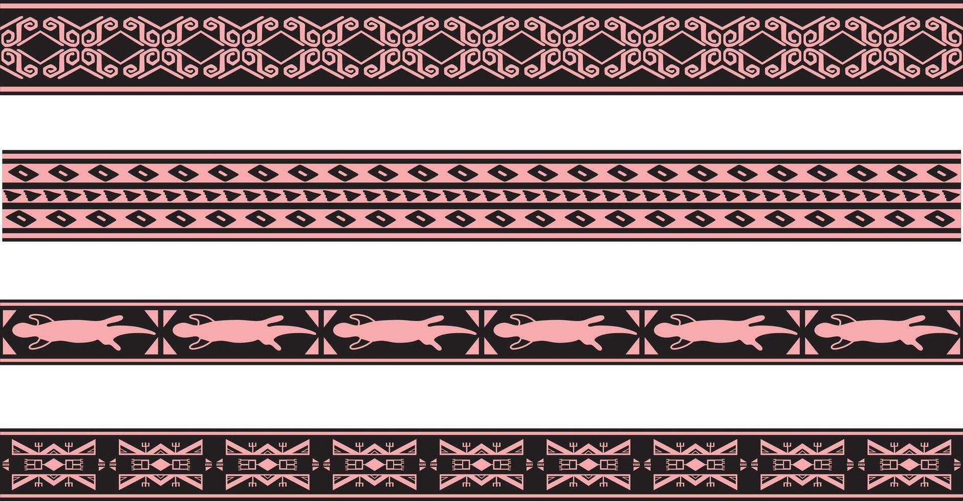 uppsättning av rosa och svart inföding amerikan dekorativ sömlös gränser. ramverk av de människors av Amerika, azteker, maja, incas vektor