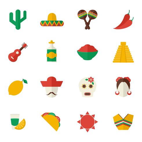 Mexiko platt ikoner uppsättning vektor