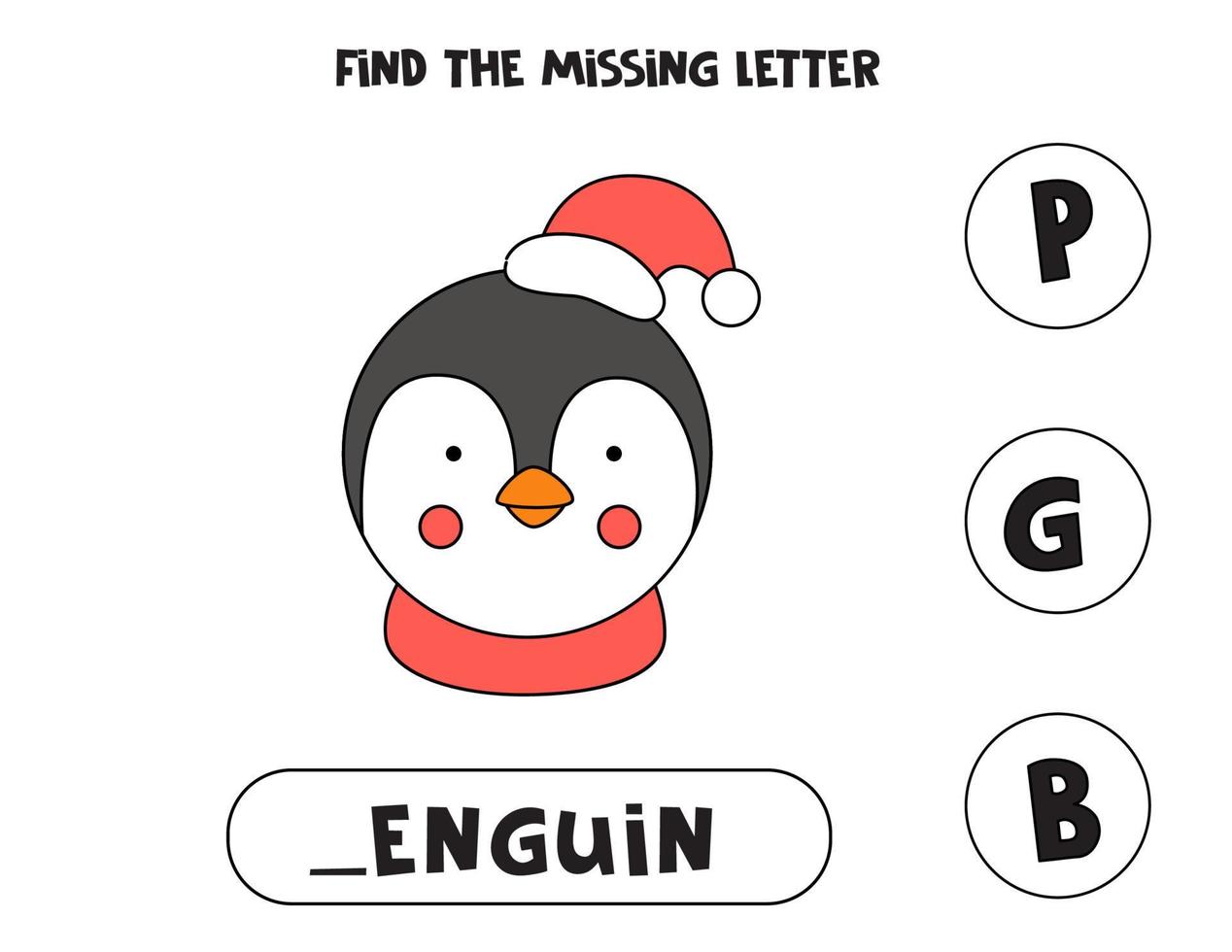 finde fehlenden Buchstaben mit süßem Pinguin. Arbeitsblatt Rechtschreibung. vektor