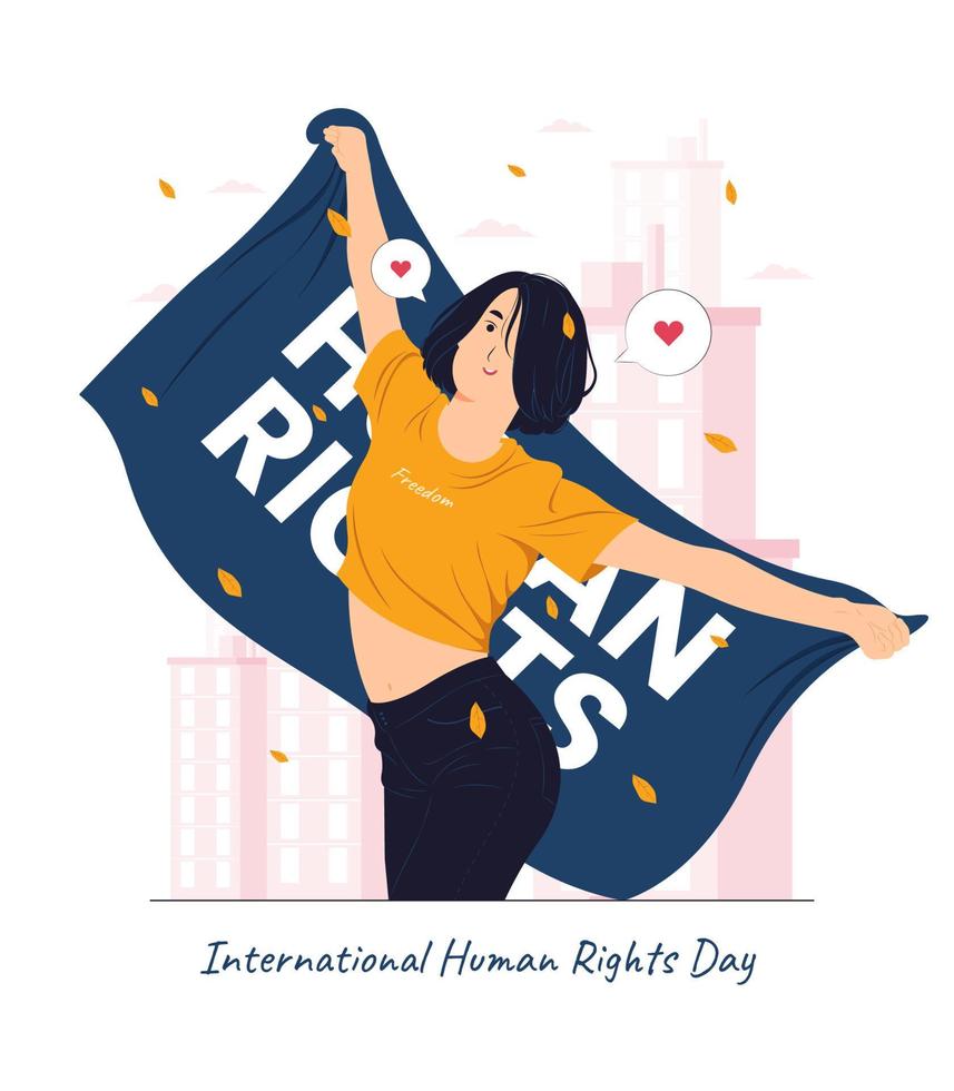 Ein Mädchen, das sich glücklich fühlt, Flagge auf der Konzeptillustration des internationalen Menschenrechtstages zu halten vektor