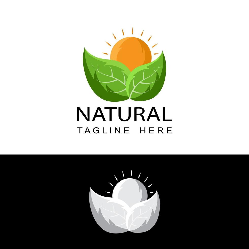 naturliga blad och sol logotyp mall design vektor