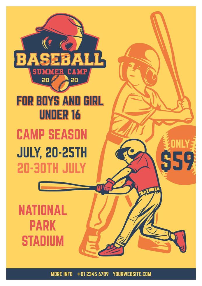 Vintage Broschüre Broschüre Flyer Poster Baseball Kinder Sommercamp Vorlage vektor