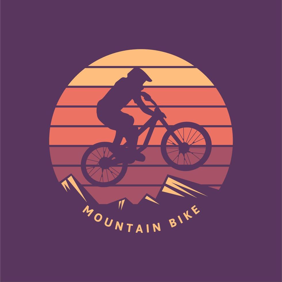 mountainbike vintage retro cyklist illustration med solnedgång bakgrund vektor