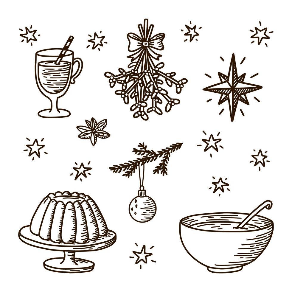 samling av juldekorationer. doodle stil. mistel, glögg, punschskål och gelé. traditionella element för hälsnings- och inbjudningskortdesign vektor