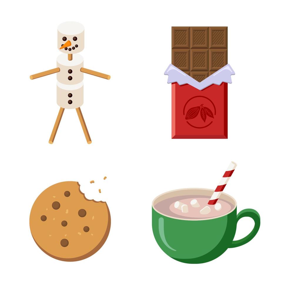 julgodis set. kaka, kakao, marshmallow snögubbe och chokladkaka. samling av vintergodsaker för hälsnings- och inbjudningsdesign och dekoration vektor