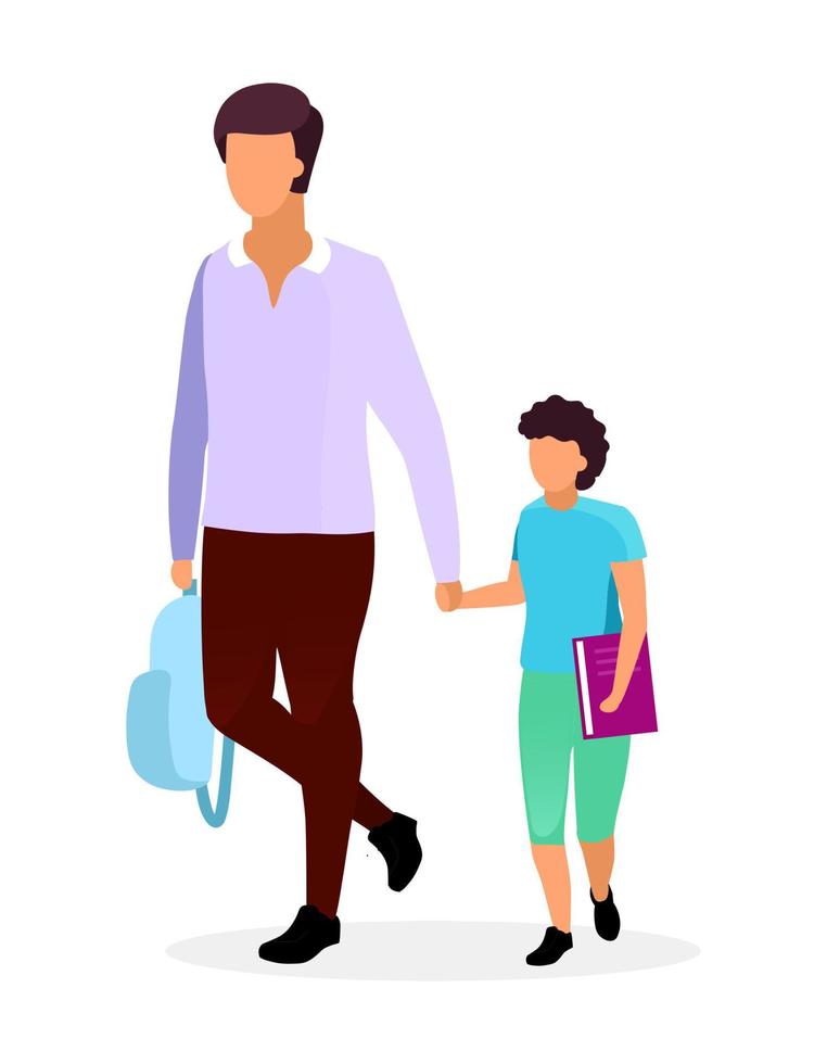 Vater mit Sohn flachbild Vector Illustration. ältere und jüngere brüder gehen und halten sich an den händchen zeichentrickfiguren. jugendliche und jugendliche schüler mit lehrbuch und rucksack. Eltern und Schüler