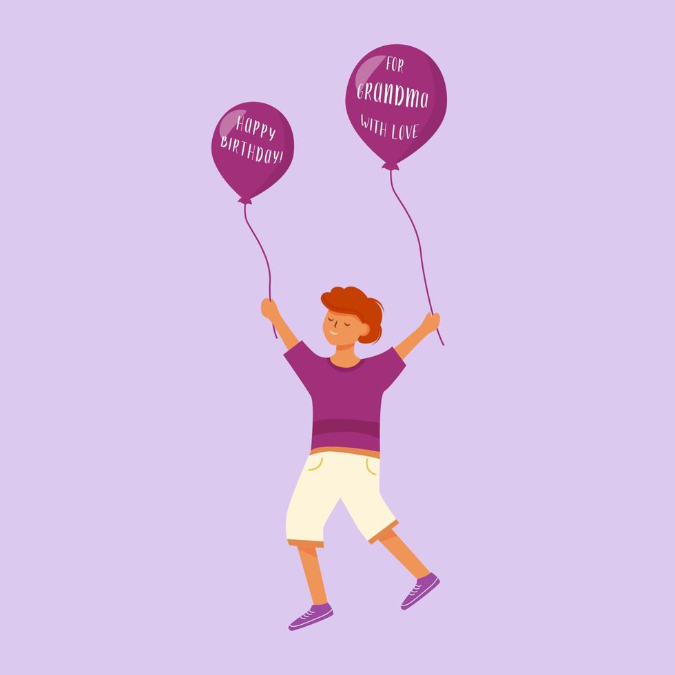 glad pojke med hälsningsballonger platt vektorillustration. barn går för att gratulera mormor på årsdagen. glada barn gå till födelsedagsfest isolerade seriefigur på violett bakgrund vektor