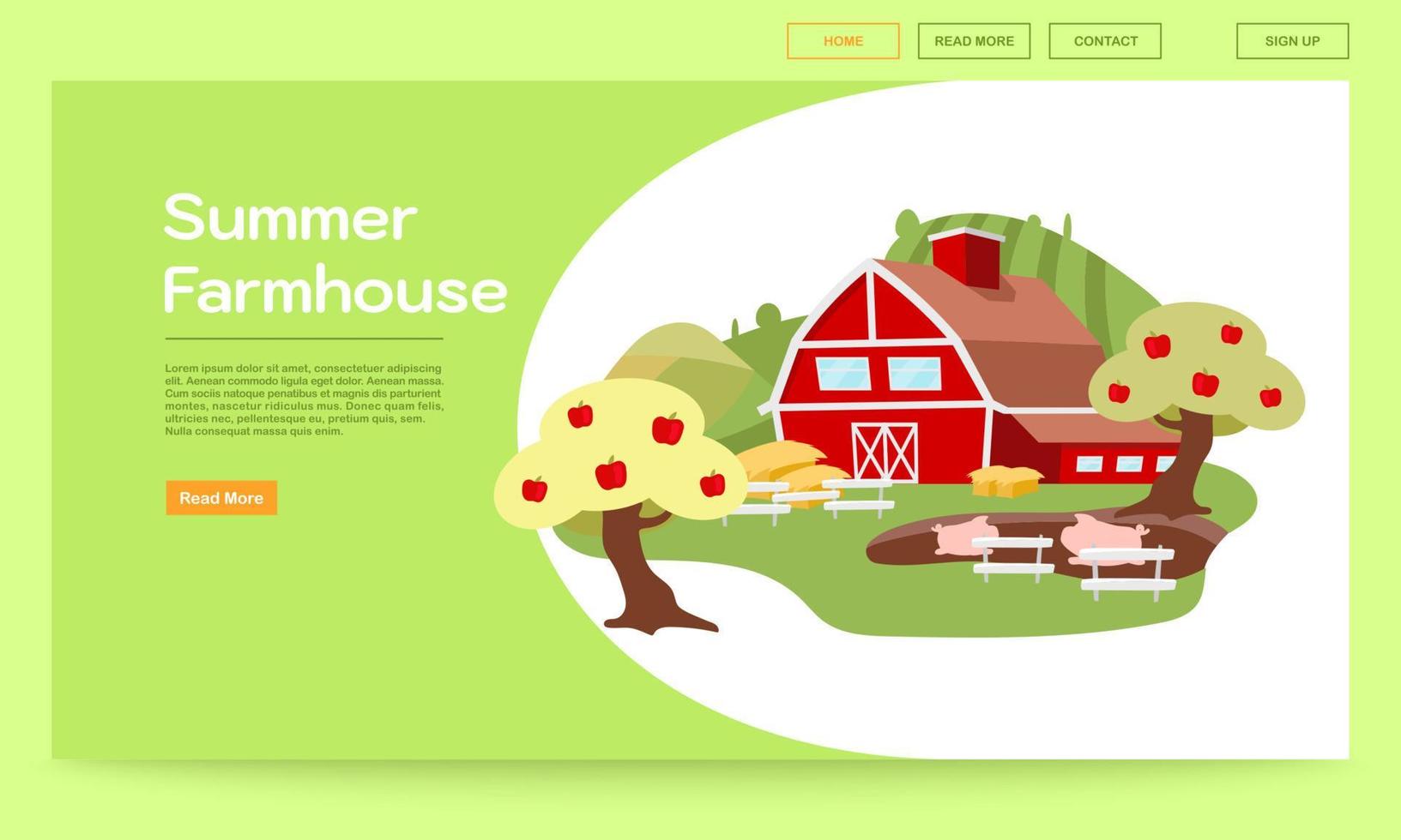 Sommerbauernhaus Zielseitenvektorvorlage. Website-Interface-Idee für die Landschaftslandwirtschaft mit flachen Illustrationen. ländliche, dörfliche Ranch-Homepage-Layout. Webbanner, Webseiten-Cartoon-Konzept vektor
