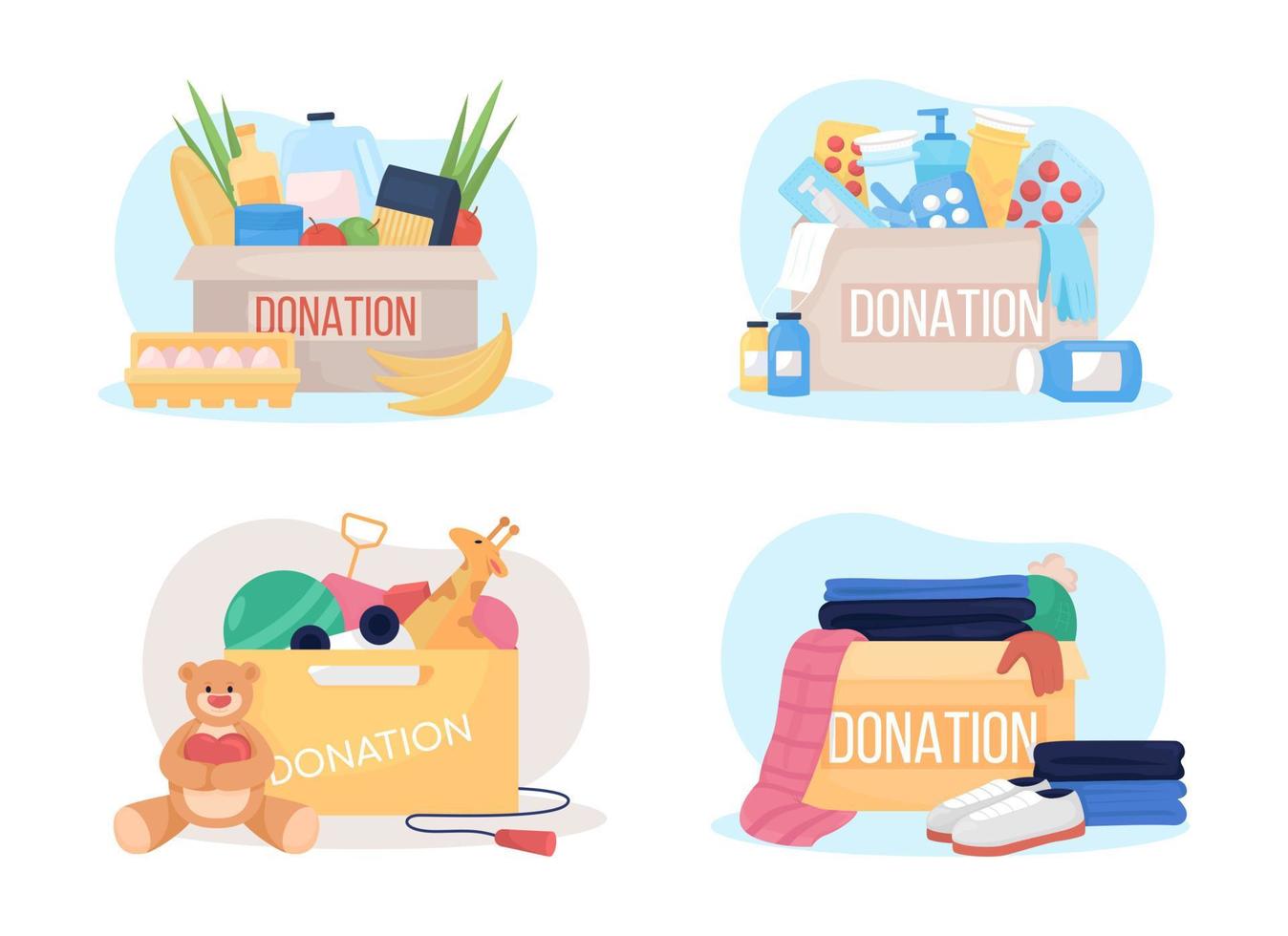 donationslåda 2d vektor isolerade illustration set. mediciner för välgörenhet. mat och kläder för dålig platt sammansättning på tecknad bakgrund. ideell organisation färgglada scen bunt