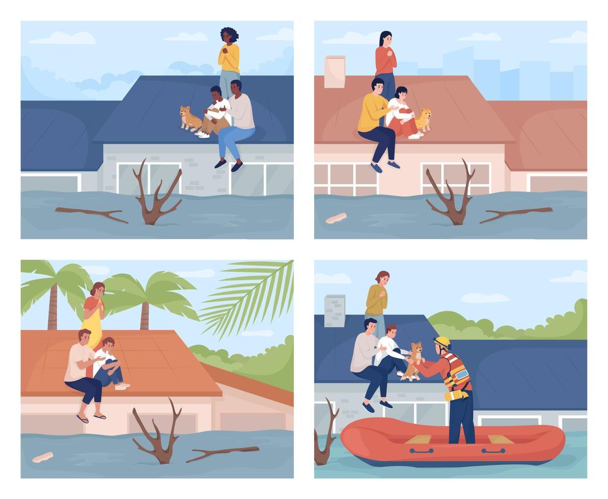 Familie gefangen auf dem Dach während der Flut flache Farbvektorillustrationen eingestellt. katastrophale Überschwemmung. Überleben von überfluteten Häusern 2D-Zeichentrickfiguren-Sammlung mit Stadtbild im Hintergrund vektor