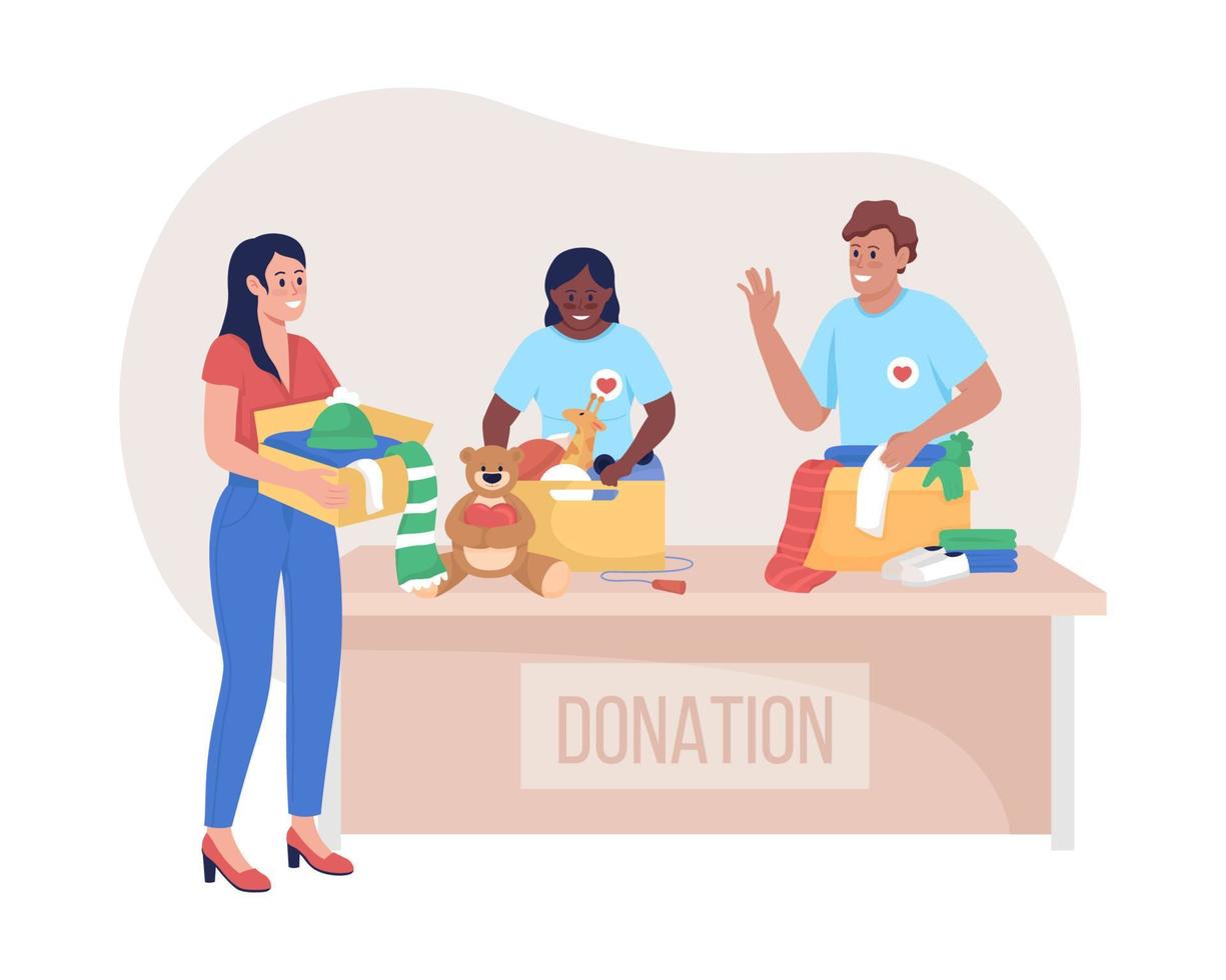 donationscenter besök 2d vektor isolerad illustration. ideell stiftelse hjälp. glada volontärer platta karaktärer på tecknad bakgrund. bidrar till socialtjänstorganisationer färgstarka scen