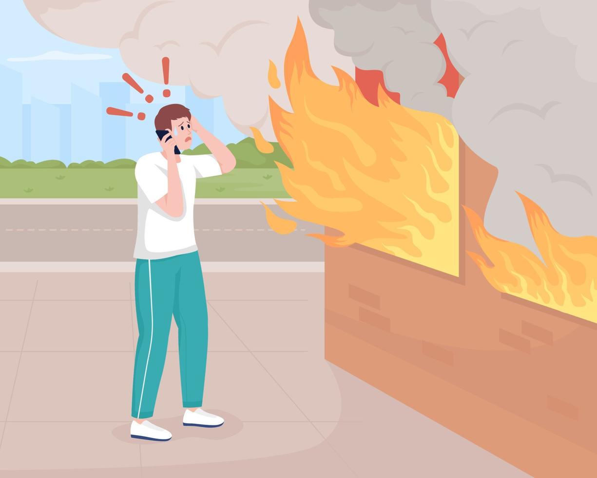 Mann, der Feuerwehrmann flache Farbvektorillustration anruft. brennendes Gebäude. Haus in Flammen und Rauch. stechende Person, die am Telefon spricht 2D-Cartoon-Figur mit urbaner Straße im Hintergrund vektor