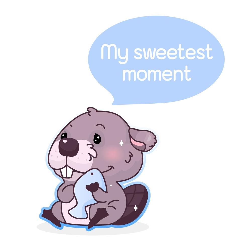 Süße Biber-Cartoon-Kawaii-Vektor-Figur. mein süßester Moment in der Sprechblase. entzückender und glücklicher Biber mit isoliertem Fischaufkleber. Cartoon Tier Postkarte Clipart auf weißem Hintergrund vektor