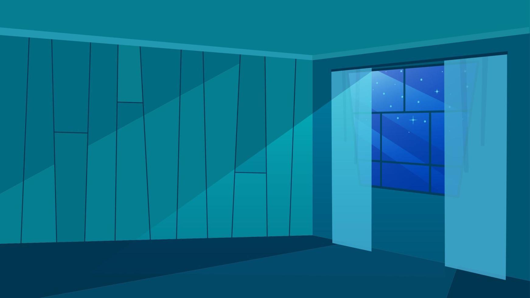 tomt rum i månskensstrålar platt vektorillustration. trendiga väggar med geometriskt mönster. modern fönsterruta med gardiner. minimalistisk arkitektur, huslägenhetsdesign i mörkervy vektor