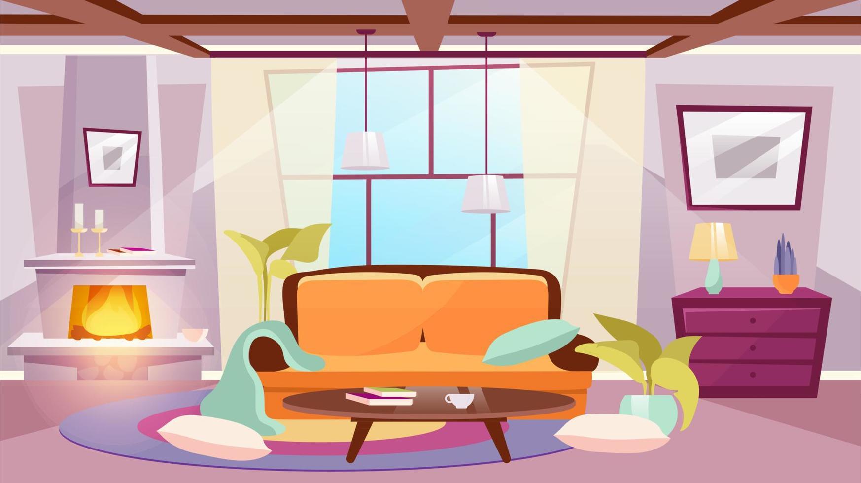 vardagsrum interiör platt vektorillustration. soffbord nära klassisk soffa. rörigt solbelyst rum med kuddar på golvet. elegant öppen spis med brinnande ved och ljus. trendiga panoramafönster vektor