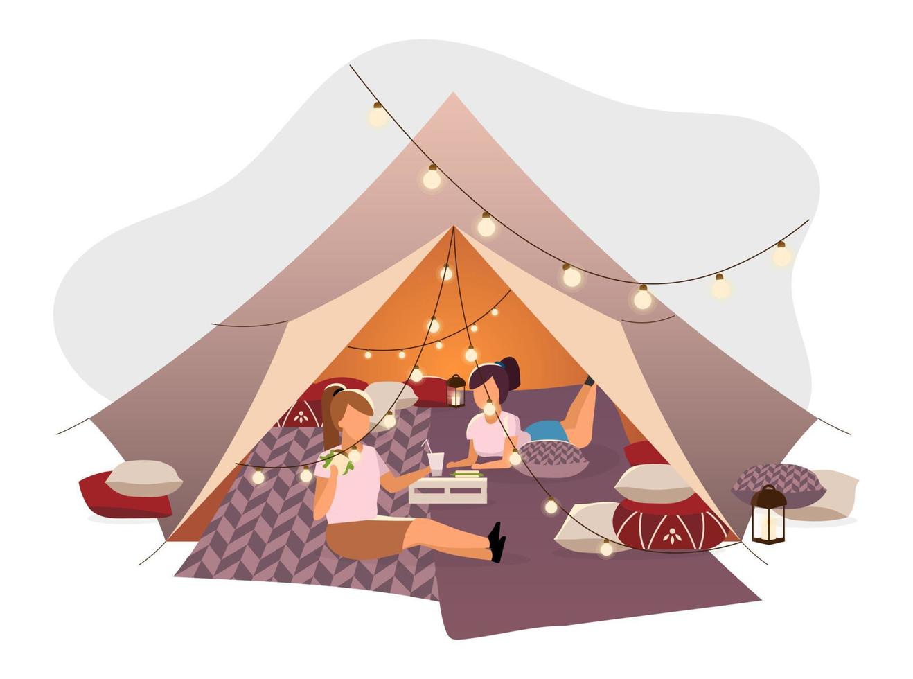 Mädchen, die in der flachen Vektorillustration des Zeltes stillstehen. Freundinnen, Touristen, die auf Decken im Tipi liegen und mit Glühbirnengirlanden verziert sind. Junge Camper, die Spaß im Sommercamp haben, trinken Cocktails vektor