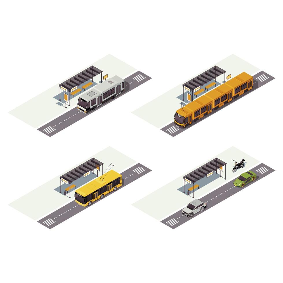 Stadtverkehr isometrische Farbvektorillustration. Infografik für den öffentlichen Nahverkehr. Bushaltestelle. Straßenbahn, Trolleybus, Autos und Motorräder. Auto-3D-Konzept isoliert auf weißem Hintergrund vektor