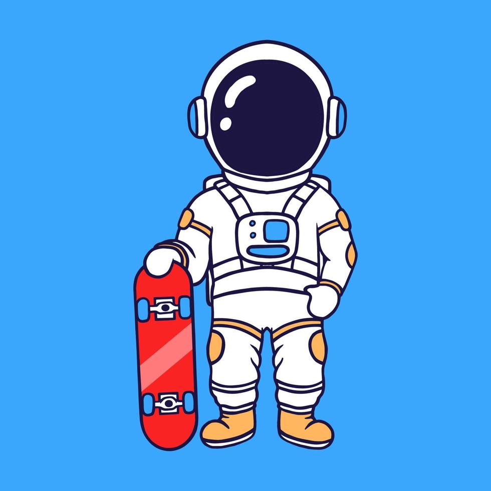 astronaut tecknad söt med skateboard vektor