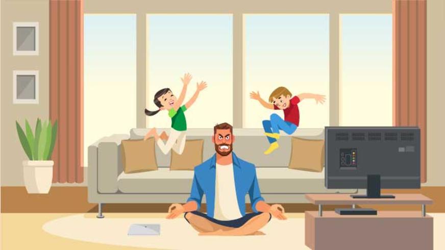 Barn leker och hoppar på soffan bakom arg och stressad meditationsfader vektor
