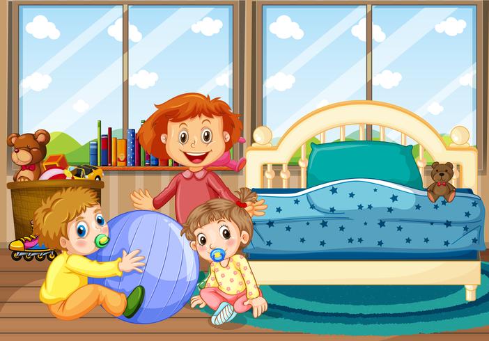 Tre barn i sovrummet med blå säng vektor