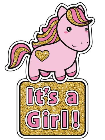 Det är en flicka. Ljusrosa och gyllene glitter baby shower inbjudningskort med söt tecknad kawaii ponny. vektor