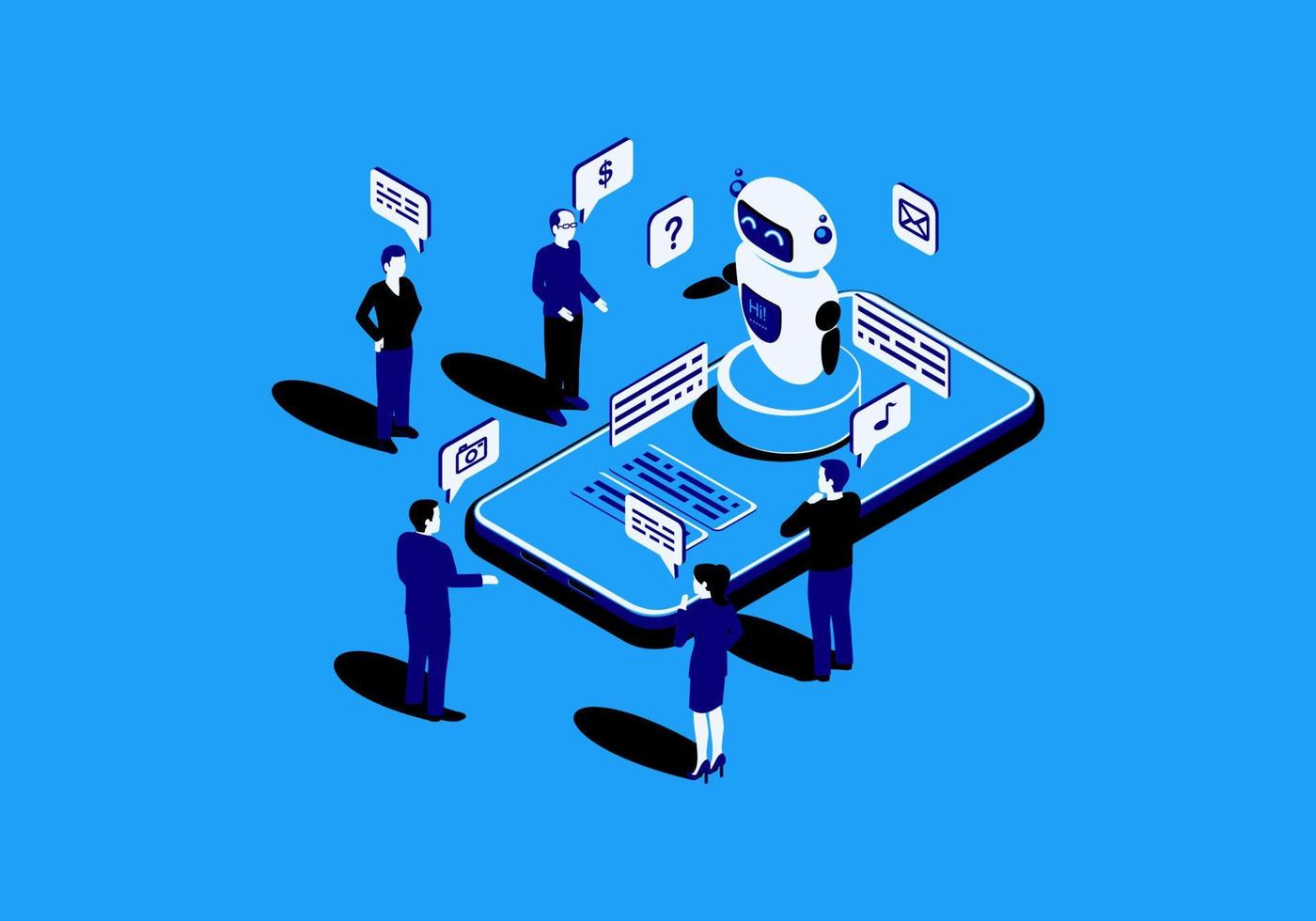 chatbot platt isometrisk vektorillustration. chattbot som tar emot klientmeddelanden, förfrågningar. framtida marknadsföring. lärarebot. webbplatshjälp. kundtjänst infografik. iot 3d monokrom koncept vektor