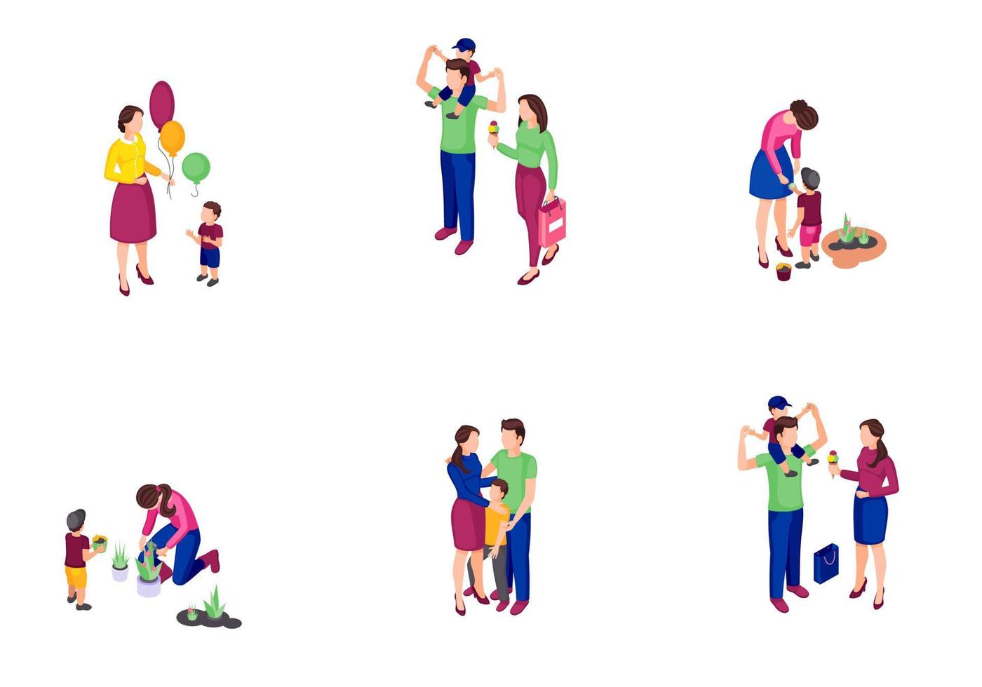 familj tid isometrisk färg vektor illustrationer set. föräldrar med barn som shoppar, trädgårdsarbete. familjens fritids- och underhållningsaktiviteter 3d-koncept. barnomsorg och stöd isolerade clipart