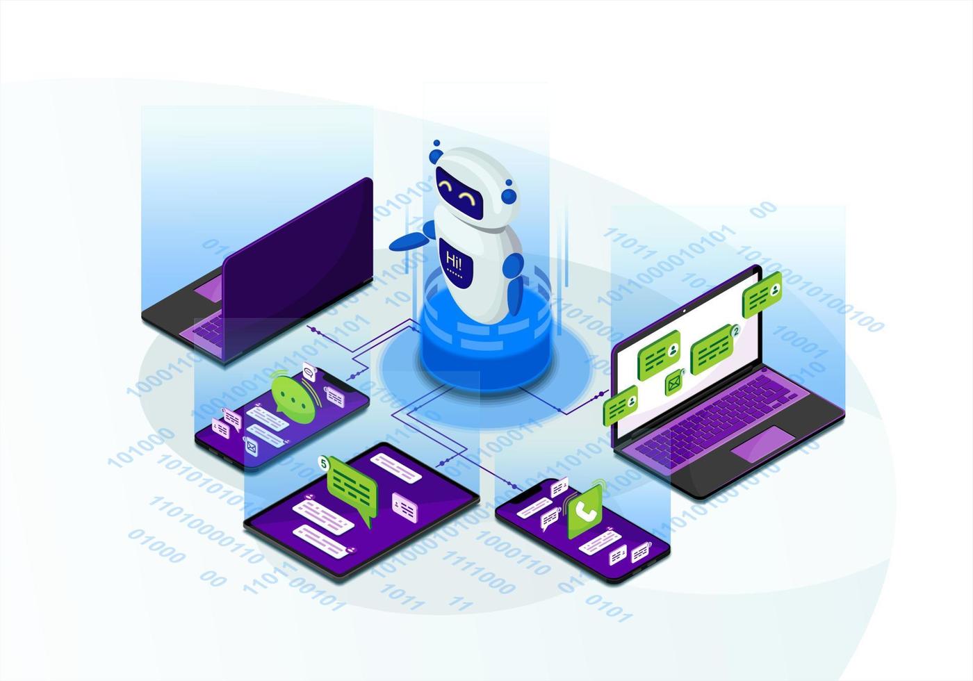 Chatbot isometrische Vektorillustration. Chat-Bot empfängt Client-Nachrichten, Anfragen. zukünftiges Marketing. Teacherbot. Website-Unterstützung. Kundendienst Infografik. iot 3d Konzept. Design für mobile Apps vektor