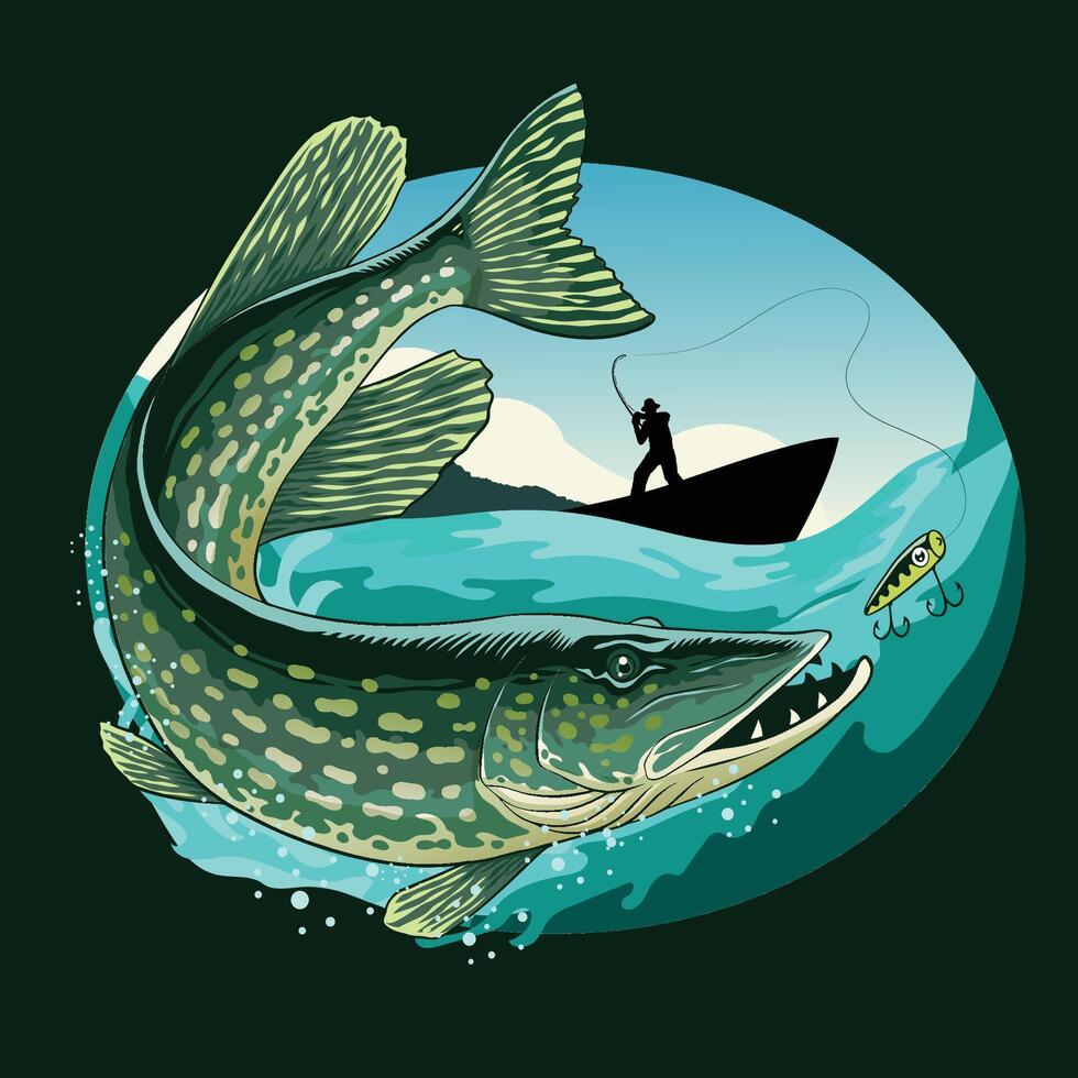 gädda fisk årgång design illustration vektor