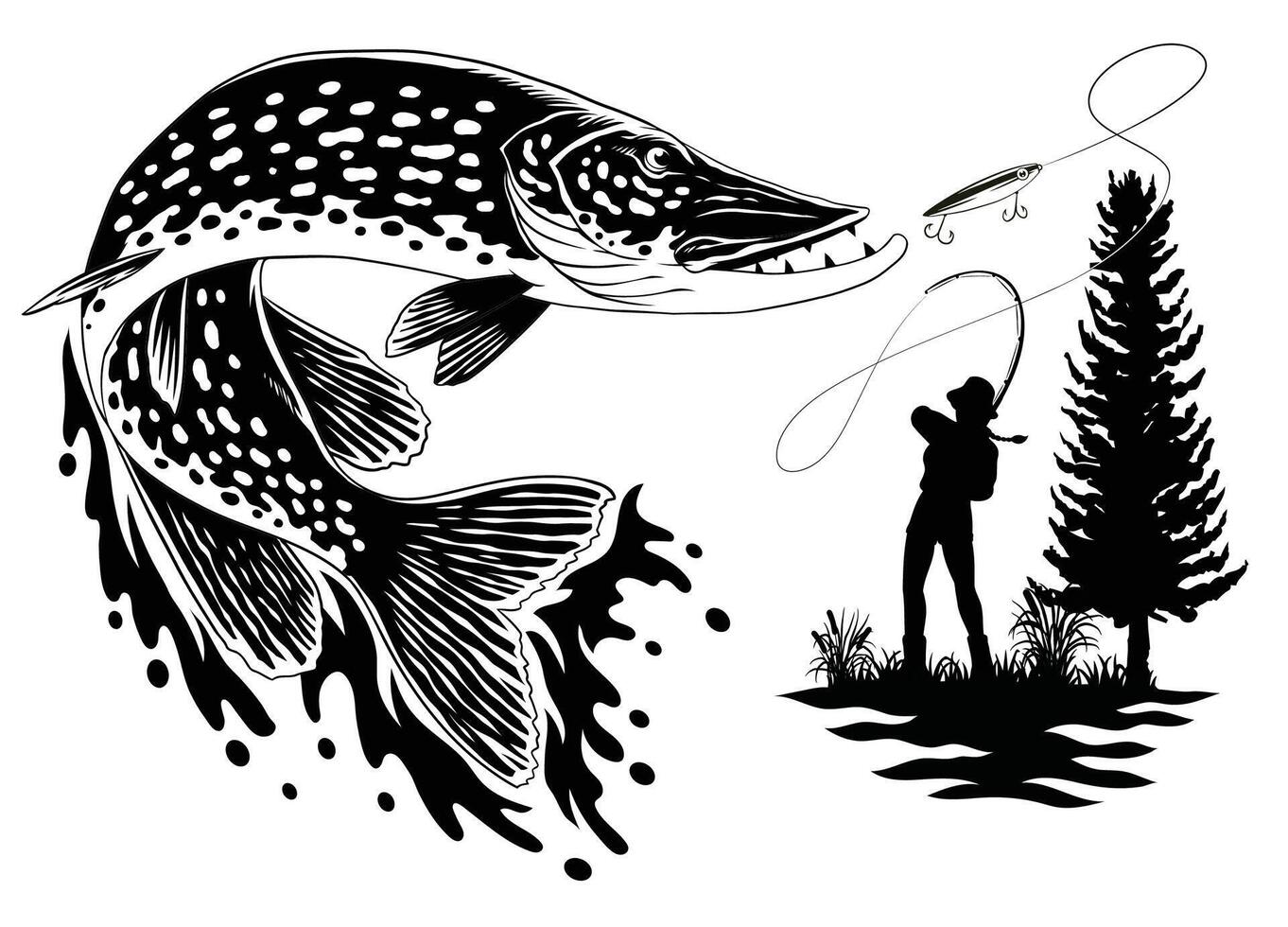 flod fiske fångst gädda i svart och vit vektor