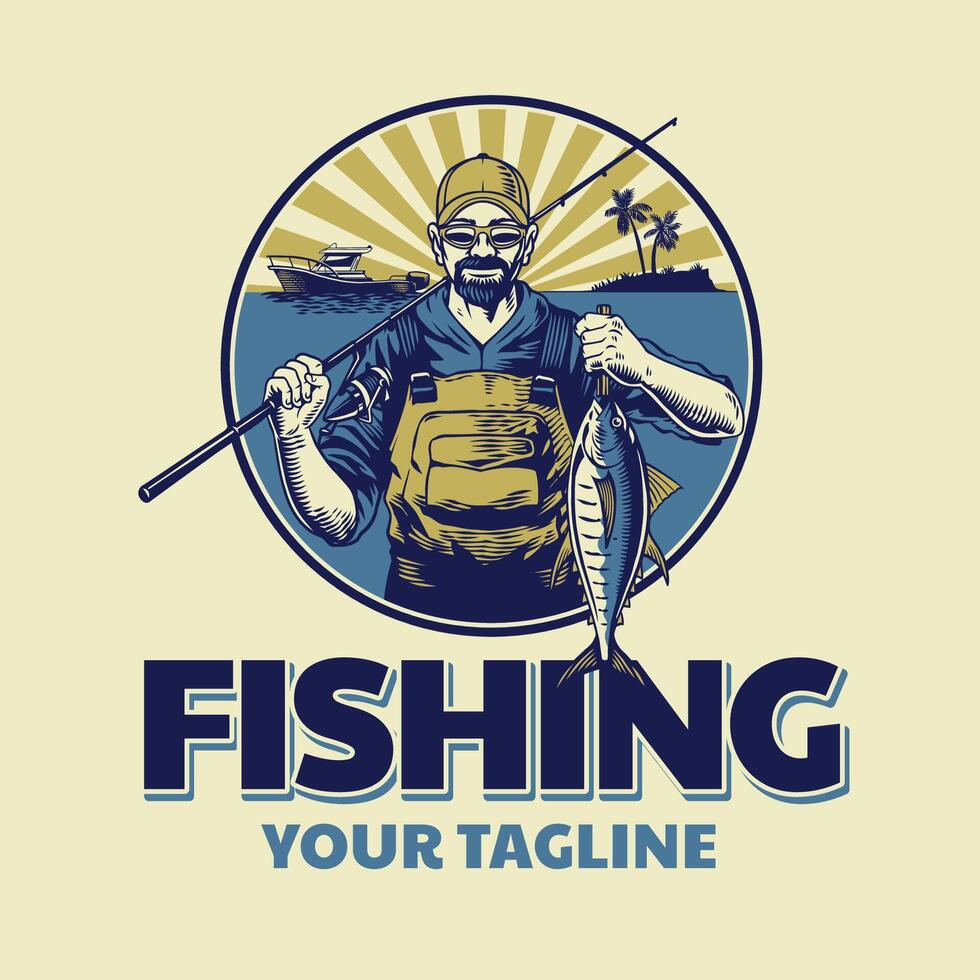 Fischer Jahrgang Logo mit Thunfisch Fisch vektor