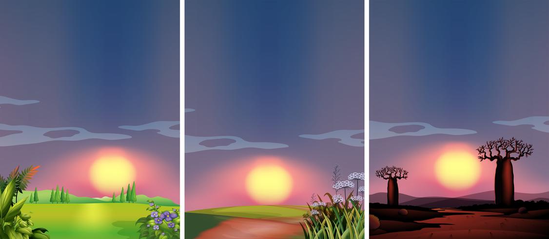 Hintergrundszenen mit Sonnenuntergang an verschiedenen Orten vektor