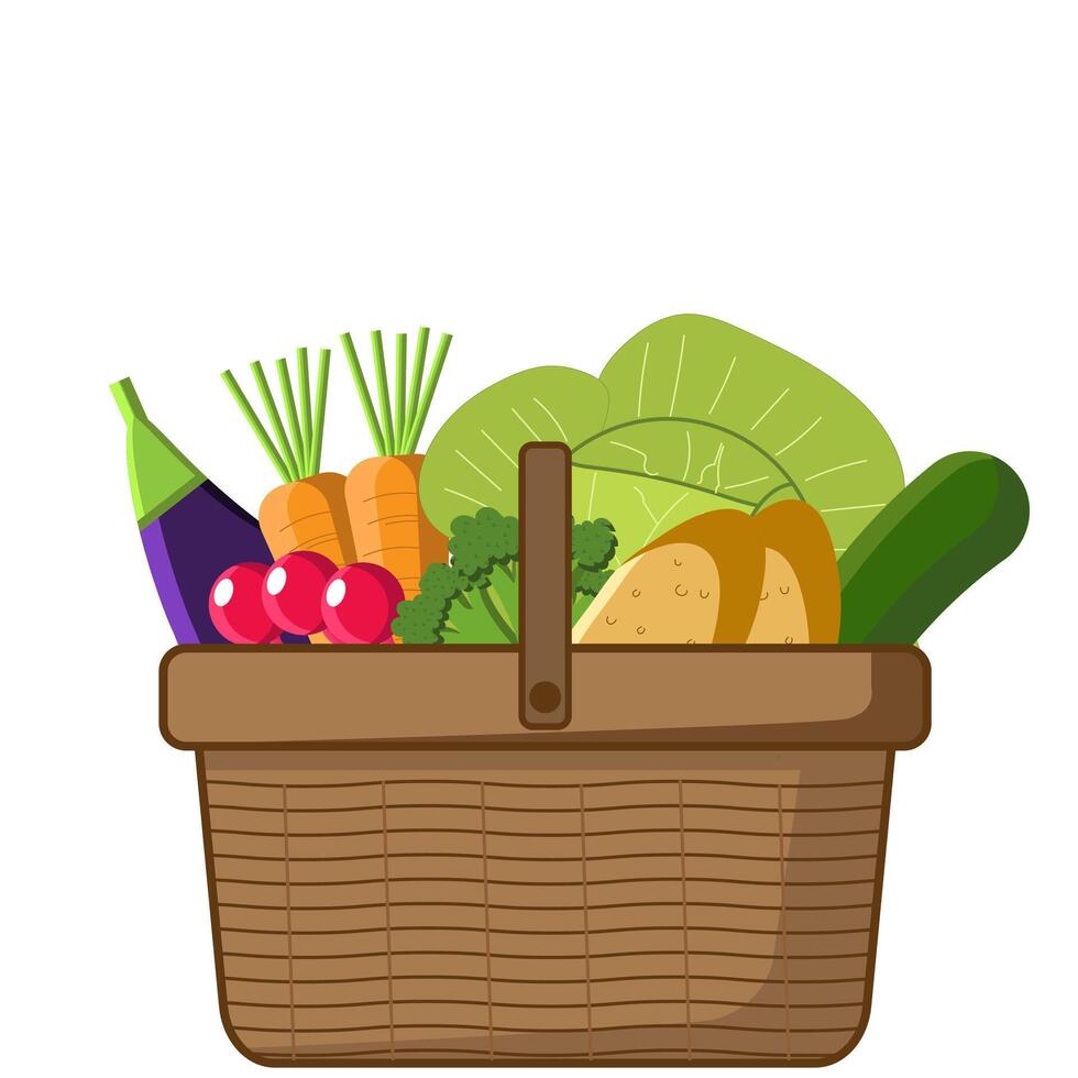 frisch Gemüse im ein Korb, Kohl, Kartoffel, Rettich, Brokkoli Clip Art, gesund Essen Konzept vektor