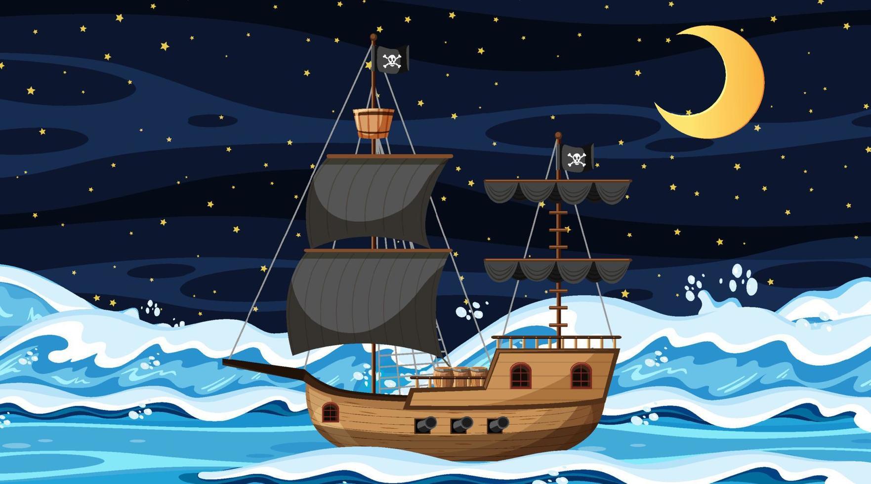 Ozean mit Piratenschiff bei Nachtszene im Karikaturstil vektor