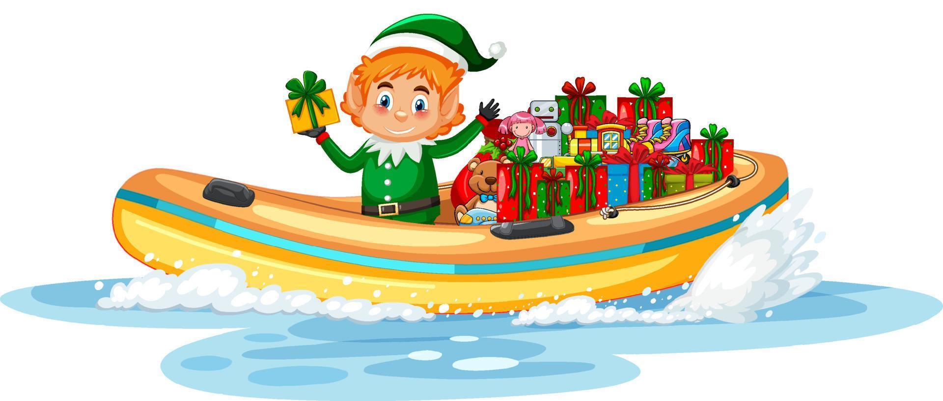 Weihnachtself auf Schnellboot mit seinen Geschenken vektor