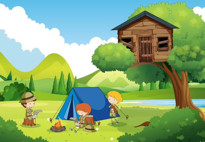 Boyscouts camping i skogen vektor