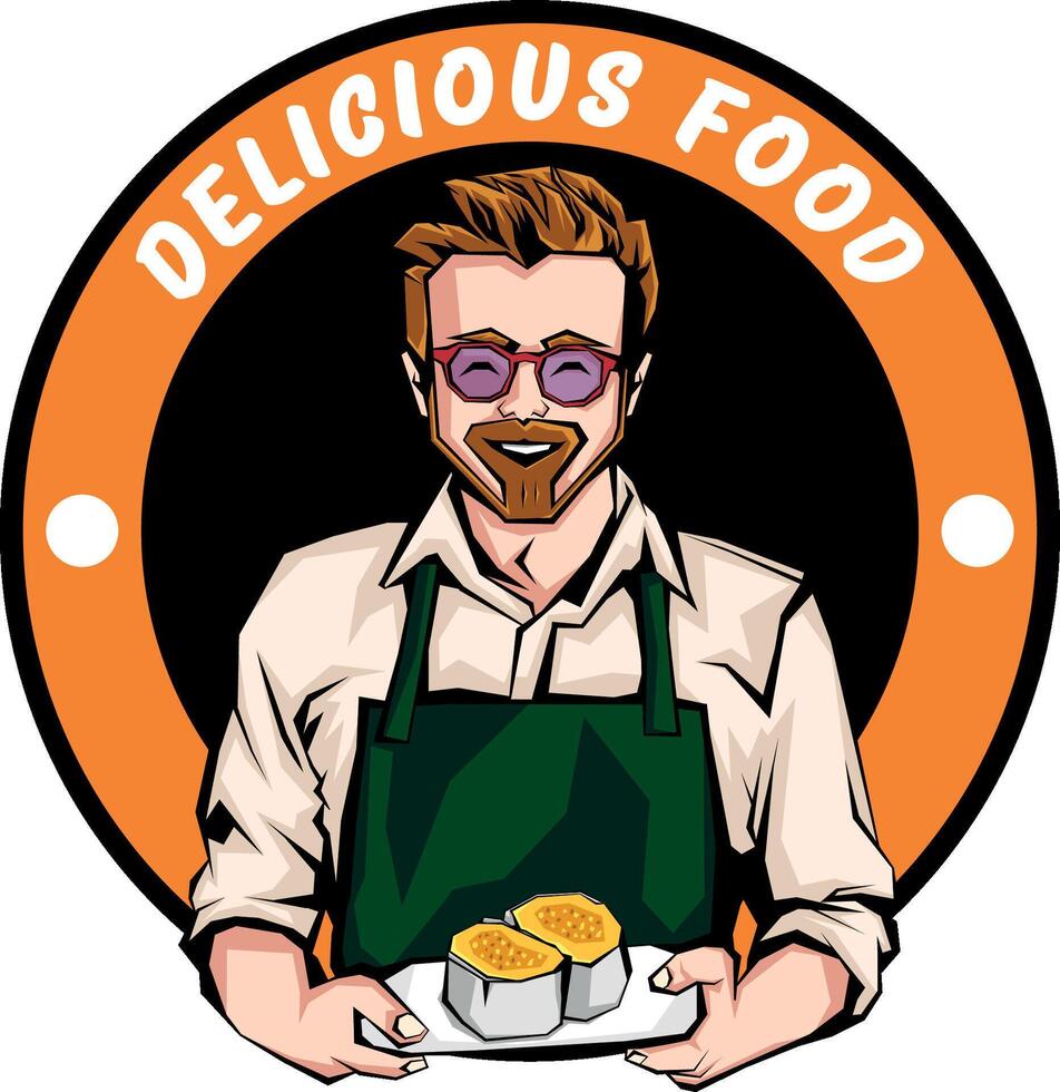 Bedienung mit Brille zeigen Teller von Sushi, Comic Illustration zum Gourmet Essen Restaurant Logo vektor