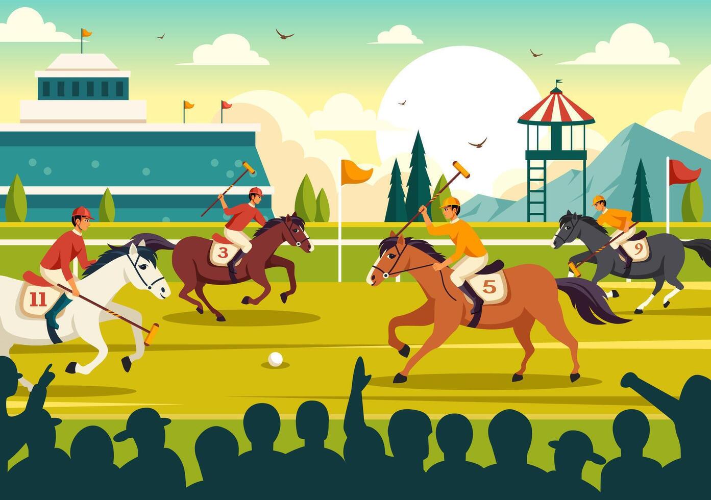 polo häst sporter illustration med spelare ridning häst och innehav pinne använda sig av Utrustning uppsättning till konkurrens i platt tecknad serie bakgrund vektor