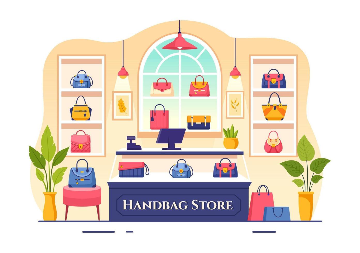 Handtasche Geschäft Illustration mit Sammlung von verschiedene Qualität Taschen und anders Typen von Lebensstil im eben Karikatur Hintergrund Design vektor