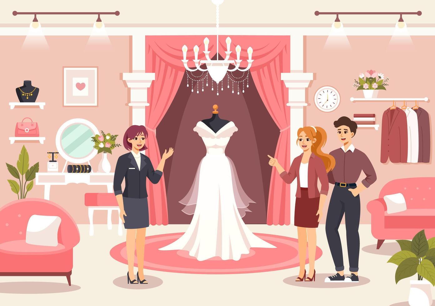 Hochzeit Geschäft Illustration mit Liebhaber suchen zum Schmuck, schön Braut Kleider und Zubehör zu erhalten verheiratet im eben Karikatur Hintergrund vektor