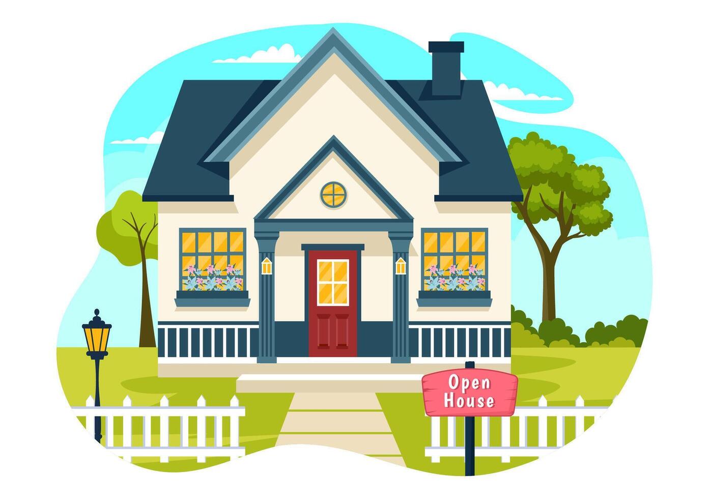 öffnen Haus Illustration zum Inspektion Eigentum herzlich willkommen zu Ihre Neu Zuhause echt Nachlass Bedienung im eben Karikatur Hintergrund Design vektor