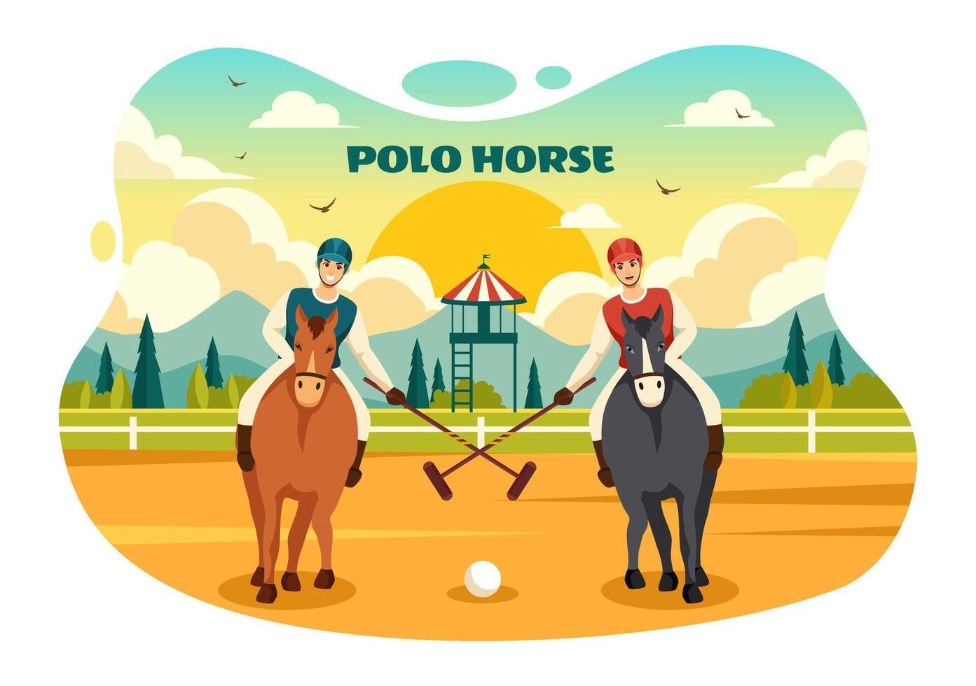 polo häst sporter illustration med spelare ridning häst och innehav pinne använda sig av Utrustning uppsättning till konkurrens i platt tecknad serie bakgrund vektor