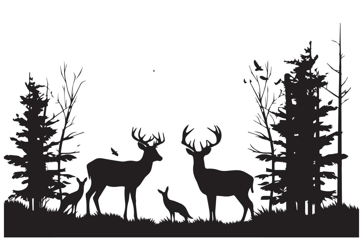 Komposition Wald Silhouette Landschaft. schwarz und Weiß isoliert Elemente Element zum Design. jung Hirsch beim das Kante vektor