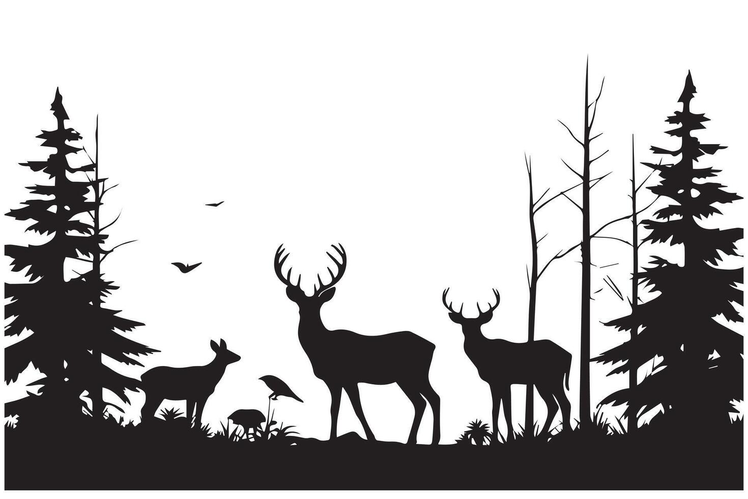 Wald Bäume Hirsch Familie Silhouetten vektor