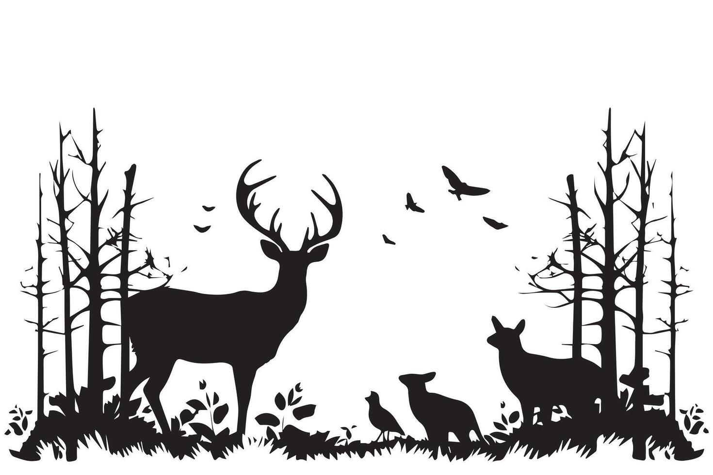 Wald Bäume Hirsch Familie Silhouetten vektor